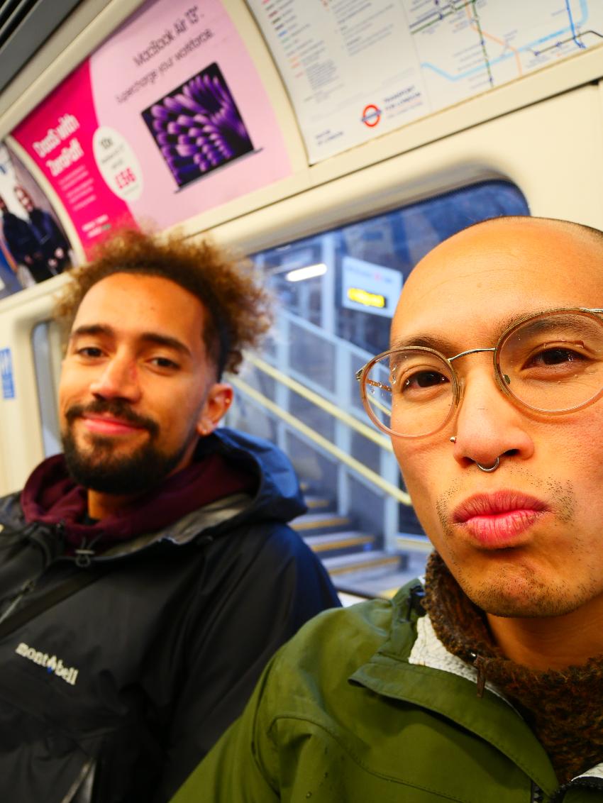 Mateus and Matt riding the underground (Northern Line)