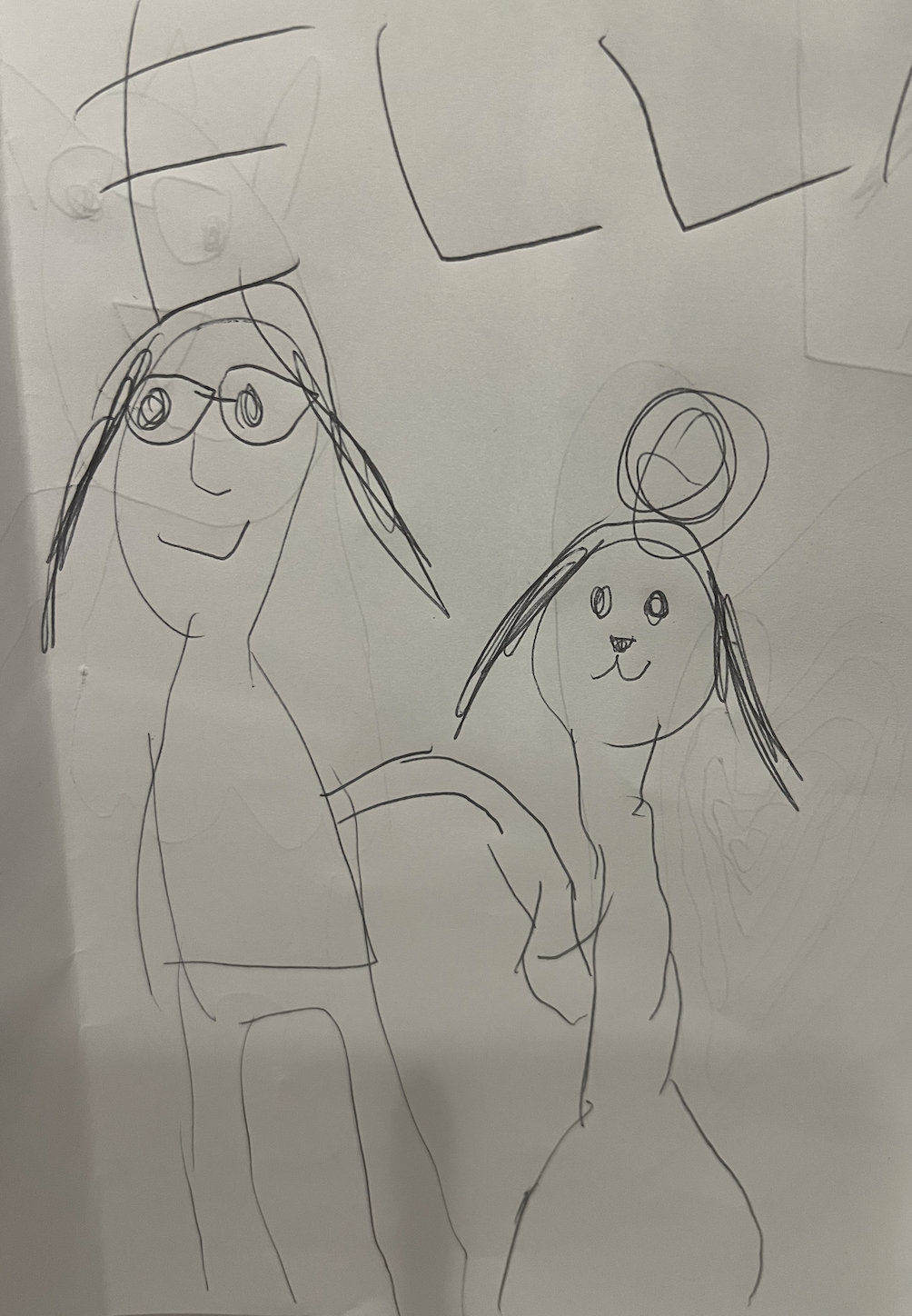 Elliott drawing: me on the left, her (as a cat) on the right (with a little bun)